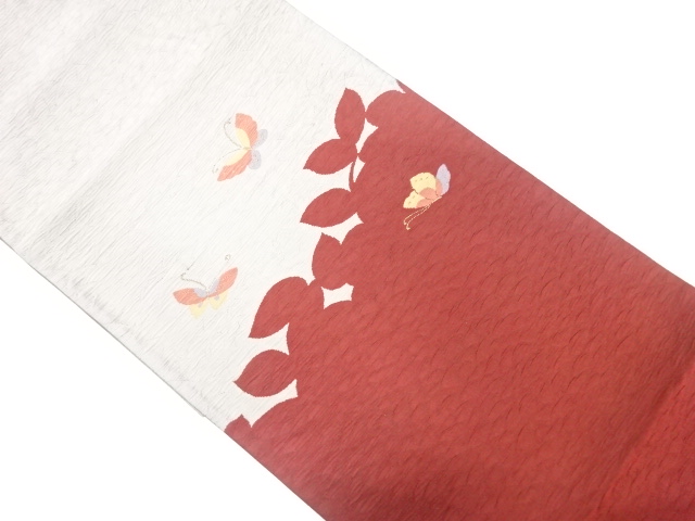 ふくれ織　草葉に蝶模様織り出し　袋帯